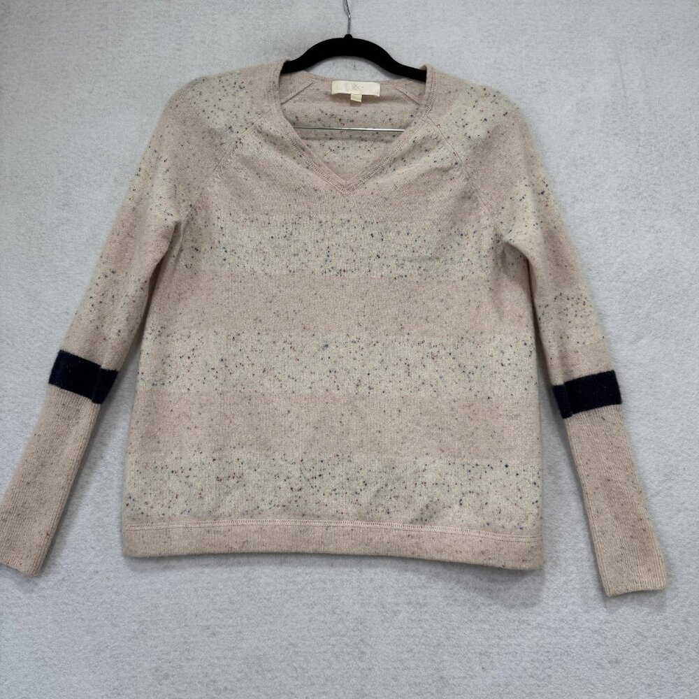 Anthropologie Womens Small Beige V Neck Speckled Navy Sleeve Stripe Pullover